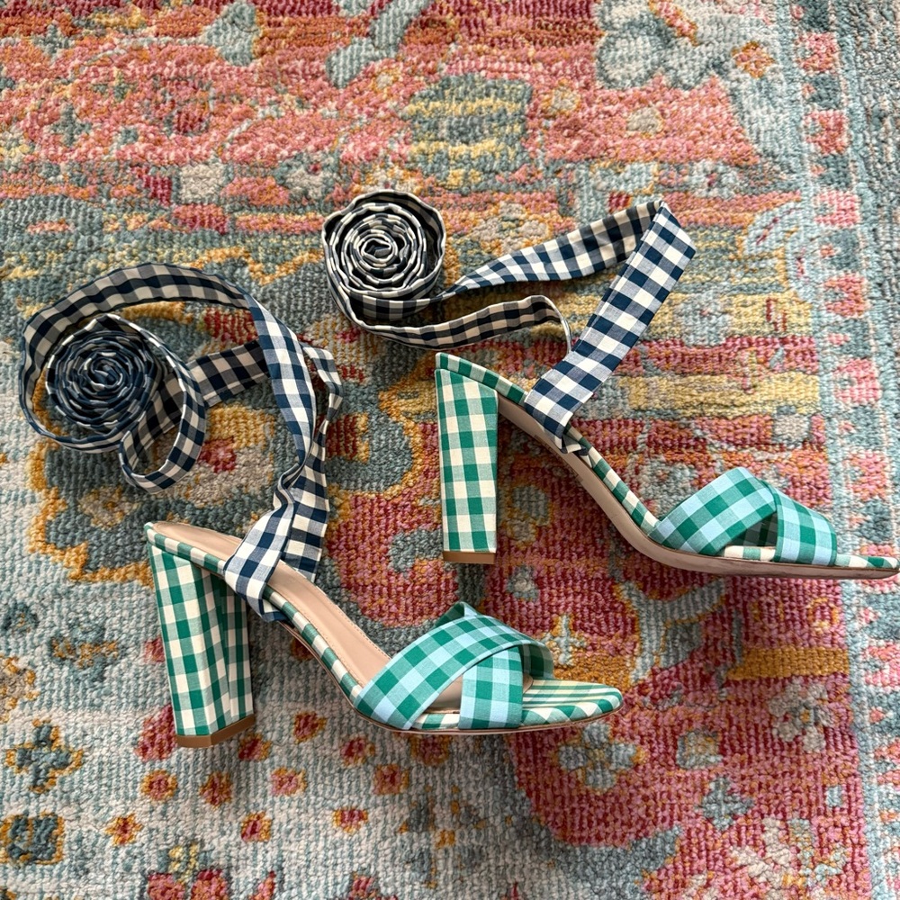 J.CREW Charlotte Gingham Lace-Up Heels Sandals 6.5